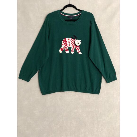 Tommy Hilfiger Women's 0X Polar Bear Graphic Crew Neck Sweater Green NEW - Picture 1 of 6